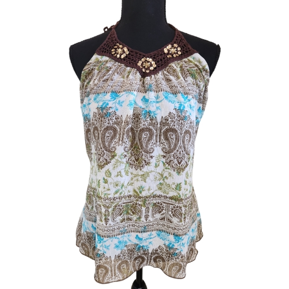 SPEECHLESS sequin embellished paisley halter tank top aqua blue brown sz large